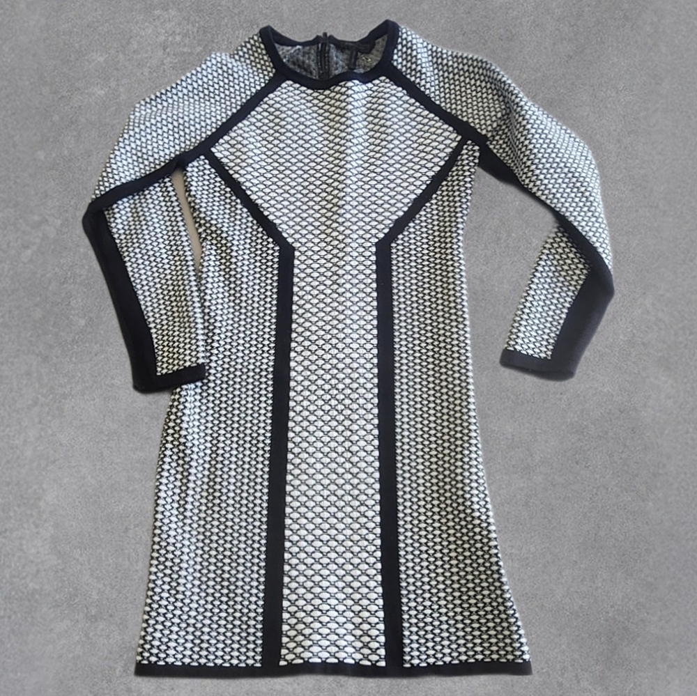 BCBGMaxAzria Black White Long Sleeve Mini Dress Size Large
